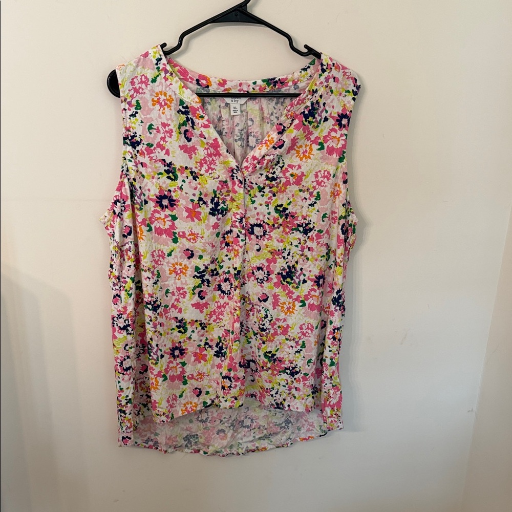 crown & ivy Floral V-Neck Sleeveless Top in Pink, Yellow, Green